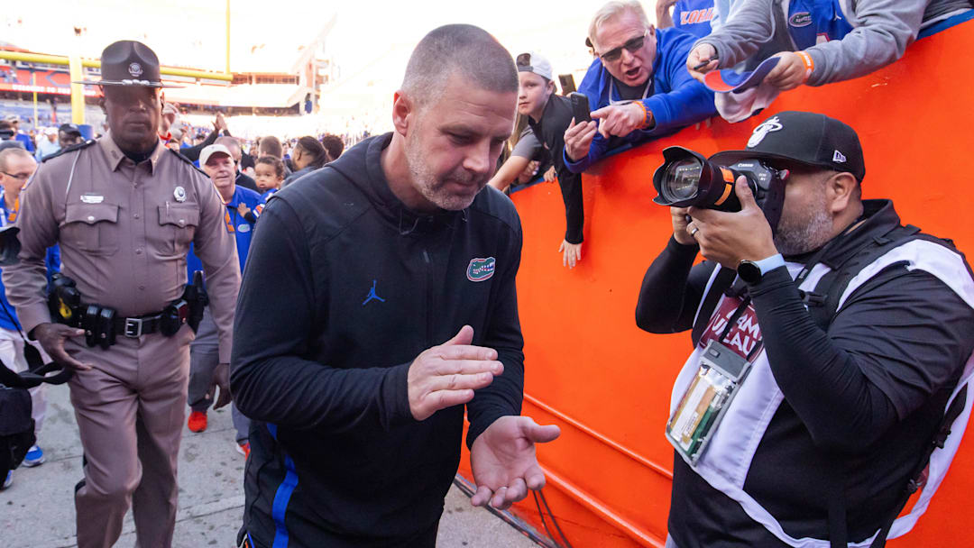 Florida Gators head coach Billy Napier claps his hands at Ben Hill Griffin Stadium in Gainesville, FL on Saturday, November 23, 2024 after the Gators defeated the Rebels 24-17 [Doug Engle/Gainesville Sun]