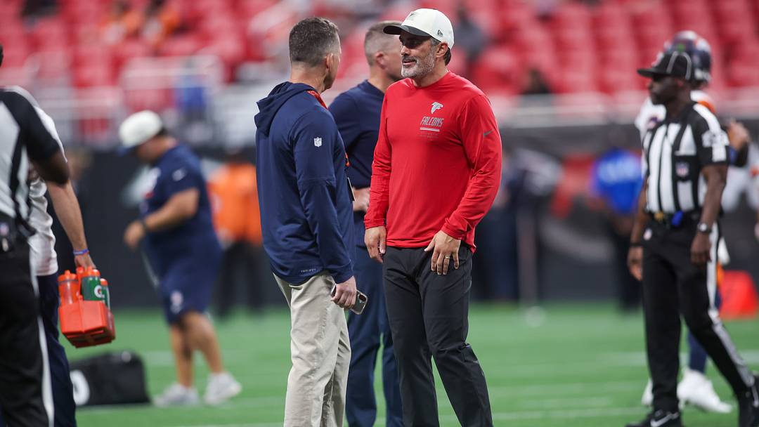Aug 14, 2026; Atlanta, Georgia, USA; Atlanta Falcons head coach Kevin Stefanski on the field before a game against the Denver Broncos at Mercedes-Benz Stadium. Mandatory Credit: Brett Davis-Imagn Images
