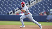 Mar 5, 2025; West Palm Beach, Florida, USA; St. Louis Cardinals left fielder JJ Wetherholt (87) runs to second base against the Houston Astros during the second inning at CACTI Park of the Palm Beaches. Mandatory Credit: Rich Storry-Imagn Images