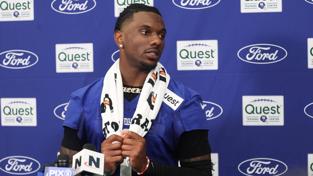Jul 23, 2025; East Rutherford, NJ, USA; New York Giants wide receiver Malik Nabers (1) talks with media during training camp at Quest Diagnostics Training Center. Mandatory Credit: Vincent Carchietta-Imagn Images