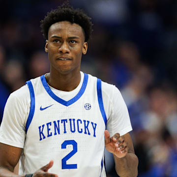 Feb 8, 2025; Lexington, Kentucky, USA; Kentucky Wildcats guard Jaxson Robinson (2) claps during the first half against the South Carolina Gamecocks at Rupp Arena at Central Bank Center. Mandatory Credit: Jordan Prather-Imagn Images