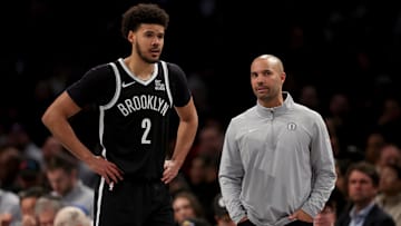 Mar 10, 2025; Brooklyn, New York, USA; Brooklyn Nets head coach Jordi Fernandez talks to forward Cameron Johnson (2) during the fourth quarter against the Los Angeles Lakers at Barclays Center. Mandatory Credit: Brad Penner-Imagn Images