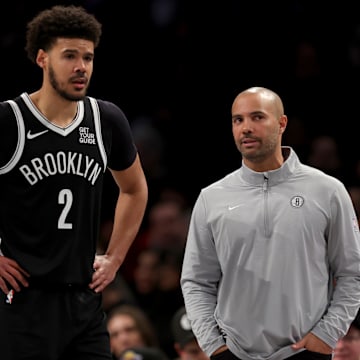 Mar 10, 2025; Brooklyn, New York, USA; Brooklyn Nets head coach Jordi Fernandez talks to forward Cameron Johnson (2) during the fourth quarter against the Los Angeles Lakers at Barclays Center. Mandatory Credit: Brad Penner-Imagn Images
