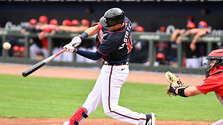 Feb 27, 2026; North Port, Florida, USA; Atlanta Braves left fielder Mike Yastrzemski (18) hits a solo home run in the second  inning against the Boston Red Sox during spring training at CoolToday Park. Mandatory Credit: Jonathan Dyer-Imagn Images
