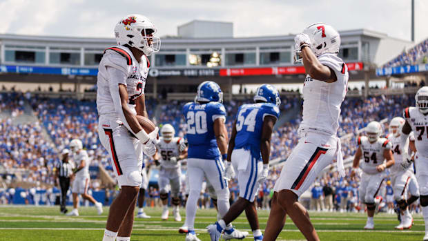 Ball State Cardinals wide receiver Ty Robinson (2) and wide receiver Malcolm Gillie (7) celebrate a touchdown