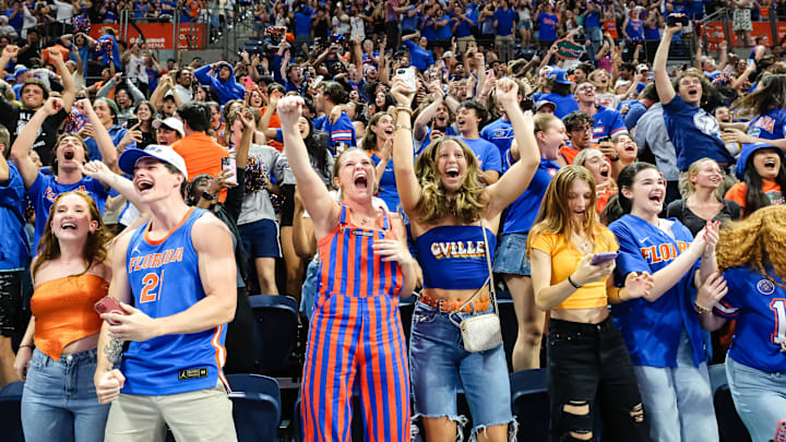 Gator fans react to the Florida Gators winning the NCAA national championship men's basketball game between the Florida Gators and the Houston Cougars in Gainesville, FL on Monday, April 7, 2025.