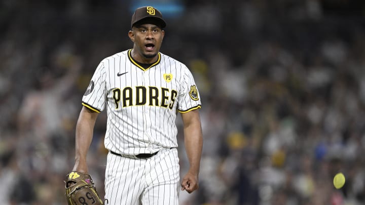 Jun 20, 2024; San Diego, California, USA; San Diego Padres relief pitcher Wandy Peralta (58) reacts after a strikeout to end the top of the seventh inning against the Milwaukee Brewers at Petco Park. Mandatory Credit: Orlando Ramirez-USA TODAY Sports