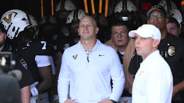 Oct 25, 2025; Nashville, Tennessee, USA; Vanderbilt Commodores head coach Clark Lea waits to take the field before their game against the Missouri Tigers at FirstBank Stadium. Mandatory Credit: Steve Roberts-Imagn Images