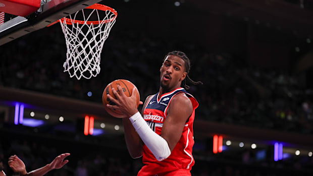 Washington Wizards forward Alex Sarr (20) rebounds during the second half against the New York Knicks 