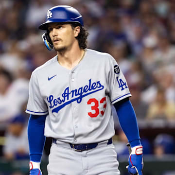 May 9, 2025; Phoenix, Arizona, USA; Los Angeles Dodgers outfielder James Outman against the Arizona Diamondbacks at Chase Field.