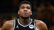 Apr 29, 2025; Indianapolis, Indiana, USA; Milwaukee Bucks forward Giannis Antetokounmpo (34) during game five of the first round for the 2024 NBA Playoffs against the Indiana Pacers at Gainbridge Fieldhouse.