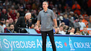 Nov 12, 2024; Syracuse, New York, USA; Colgate Raiders head coach Matt Langel looks on against the Syracuse Orange during the second half at the JMA Wireless Dome. Mandatory Credit: Rich Barnes-Imagn Images