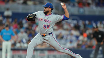 Sep 28, 2025; Miami, Florida, USA; New York Mets starting pitcher Sean Manaea (59) delivers a pitch against the Miami Marlins during the first inning at loanDepot Park. Mandatory Credit: Sam Navarro-Imagn Images