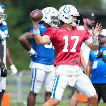 Indianapolis Colts quarterback Anthony Richardson Sr. (5) and quarterback Daniel Jones (17) throw the ball Thursday, Aug. 14, 2025, at a joint practice with the Green Bay Packers during training camp at Grand Park in Westfield.