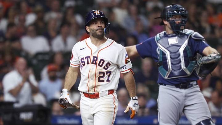 May 13, 2026; Houston, Texas, USA; Houston Astros second baseman Jose Altuve (27) reacts after striking out during the fifth inning against the Seattle Mariners at Daikin Park. Mandatory Credit: Troy Taormina-Imagn Images