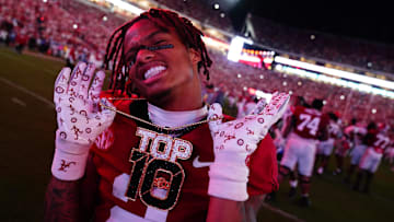 Sep 28, 2024; Tuscaloosa, Alabama, USA;  Alabama Crimson Tide wide receiver Ryan Williams (2) celebrates after defeating the Georgia Bulldogs at Bryant-Denny Stadium. Mandatory Credit: John David Mercer-Imagn Images