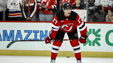 New Jersey Devils defenseman Simon Nemec (17) warms up before a game against the Toronto Maple Leafs at Prudential Center. Mandatory Credit: John Jones-Imagn Images