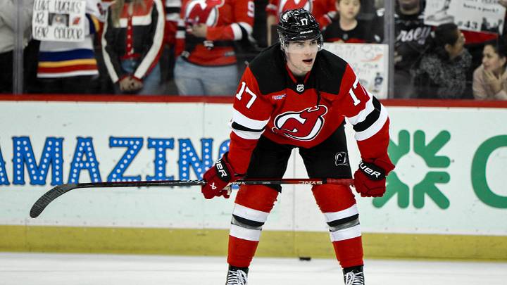 New Jersey Devils defenseman Simon Nemec (17) warms up before a game against the Toronto Maple Leafs at Prudential Center. Mandatory Credit: John Jones-Imagn Images