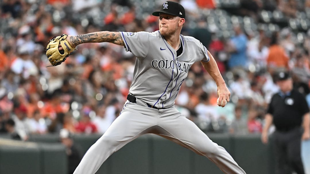 Jul 25, 2025; Baltimore, Maryland, USA; Colorado Rockies pitcher Kyle Freeland (21) delivers a pitch during the second inning against the Baltimore Orioles at Oriole Park at Camden Yards. Jul 25, 2025; Baltimore, Maryland, USA; Colorado Rockies pitcher Kyle Freeland (21) delivers a pitch during the second inning against the Baltimore Orioles at Oriole Park at Camden Yards.