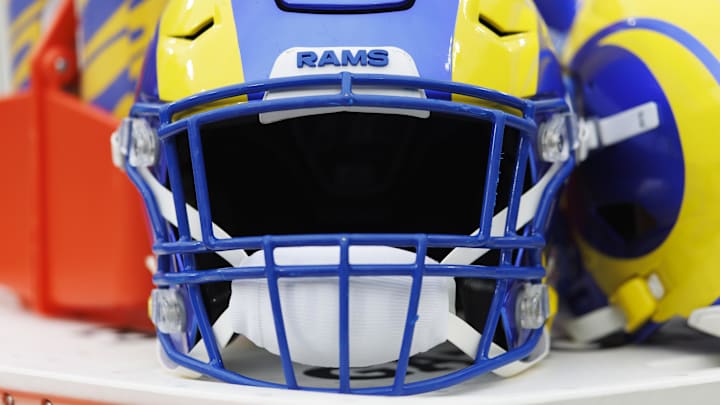 Nov 5, 2023; Green Bay, Wisconsin, USA; General view of an Los Angeles Rams helmet prior to the game against the Green Bay Packers at Lambeau Field. Mandatory Credit: Jeff Hanisch-Imagn Images Nov 5, 2023; Green Bay, Wisconsin, USA; General view of an Los Angeles Rams helmet prior to the game against the Green Bay Packers at Lambeau Field. Mandatory Credit: Jeff Hanisch-Imagn Images