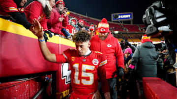 Jan 18, 2025; Kansas City, Missouri, USA; Kansas City Chiefs quarterback Patrick Mahomes (15) shakes hands with fans after defeating the Houston Texans in a 2025 AFC divisional round game at GEHA Field at Arrowhead Stadium. Mandatory Credit: Denny Medley-Imagn Images