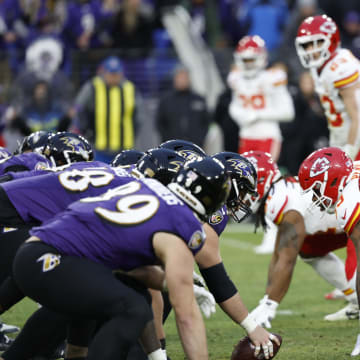 Jan 28, 2024; Baltimore, Maryland, USA; The Baltimore Ravens offensive lines up against the Kansas City Chiefs line up prior to a play during the second half in the AFC Championship football game at M&T Bank Stadium. Mandatory Credit: Geoff Burke-USA TODAY Sports
