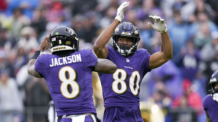 Dec 10, 2023; Baltimore, Maryland, USA; Baltimore Ravens tight end Isaiah Likely (80) celebrates a