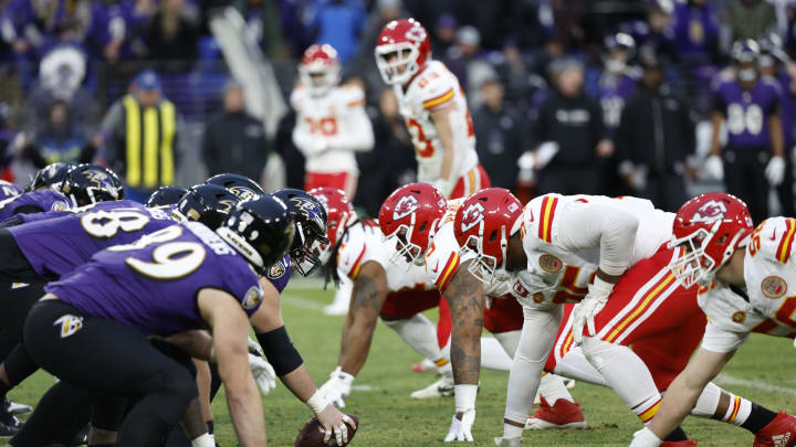 Jan 28, 2024; Baltimore, Maryland, USA; The Baltimore Ravens offensive lines up against the Kansas City Chiefs line up prior to a play during the second half in the AFC Championship football game at M&T Bank Stadium. Mandatory Credit: Geoff Burke-USA TODAY Sports