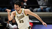 Purdue Boilermakers guard Ethan Morton (25) reacts to making a three-point shot