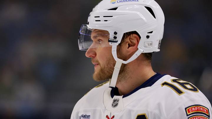 Oct 28, 2024; Buffalo, New York, USA;  Florida Panthers center Aleksander Barkov (16) waits for the face-off during the first period against the Buffalo Sabres at KeyBank Center. Mandatory Credit: Timothy T. Ludwig-Imagn Images