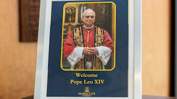A photo of the newly elected Pope Leo XIV is seen outside of the Chapel of the Holy Family at the Alumni Memorial Union on Friday May 9, 2025 at Marquette University in Milwaukee, Wis.