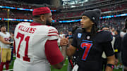 Oct 26, 2025; Houston, Texas, USA; San Francisco 49ers offensive tackle Trent Williams (71) shakes hands with Houston Texans quarterback C.J. Stroud (7) following a game at NRG Stadium. Mandatory Credit: Sean Thomas-Imagn Images