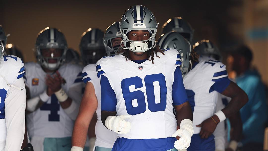 Oct 12, 2025; Charlotte, North Carolina, USA; Dallas Cowboys offensive tackle Tyler Guyton (60) prepares to enter the field prior to the game against the Carolina Panthers at Bank of America Stadium. Mandatory Credit: Cory Knowlton-Imagn Images