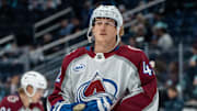 Oct 22, 2024; Seattle, Washington, USA;  Colorado Avalanche defenseman Josh Manson (42) is pictured before a game against the Seattle Kraken at Climate Pledge Arena. Mandatory Credit: Stephen Brashear-Imagn Images