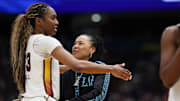 Apr 6, 2025; Tampa, FL, USA; South Carolina Gamecocks head coach Dawn Staley hugs guard Bree Hall (23) during the second half of the national championship of the women's 2025 NCAA tournament at Amalie Arena. Mandatory Credit: Nathan Ray Seebeck-Imagn Images