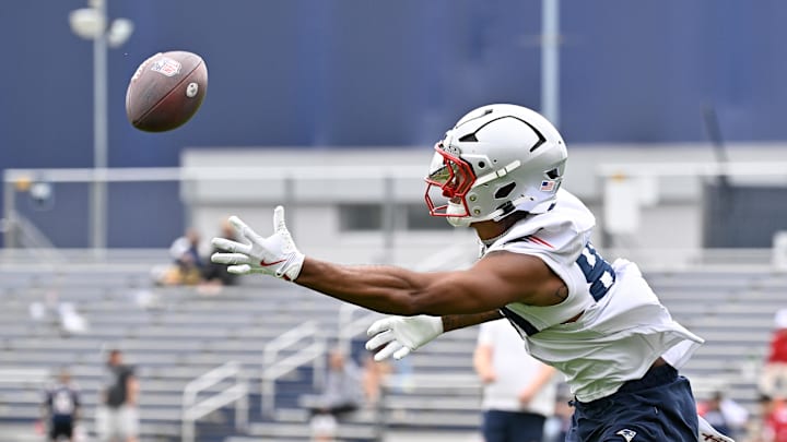 Jun 9, 2025; Foxborough, MA, USA; New England Patriots wide receiver Kendrick Bourne (84) tries to make a catch during minicamp at Gillette Stadium. Mandatory Credit: Eric Canha-Imagn Images