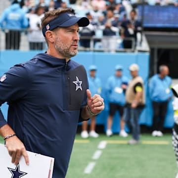 Dallas Cowboys head coach Brian Schottenheimer looks on prior to the game against the Carolina Panthers.