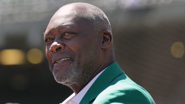 Aug 7, 2022; Oakland, California, USA; Oakland Athletics former pitcher Dave Stewart stands on the field before the game against the San Francisco Giants at RingCentral Coliseum. Mandatory Credit: Darren Yamashita-USA TODAY Sports