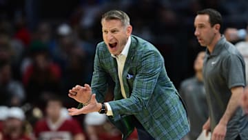 Mar 21, 2025; Cleveland, OH, USA; Alabama Crimson Tide head coach Nate Oats reacts in the second half against the Robert Morris Colonials during the NCAA Tournament First Round at Rocket Arena. 