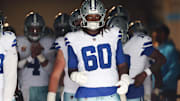 Dallas Cowboys offensive tackle Tyler Guyton prepares to enter the field prior to the game against the Carolina Panthers.