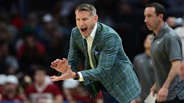 Mar 21, 2025; Cleveland, OH, USA; Alabama Crimson Tide head coach Nate Oats reacts in the second half against the Robert Morris Colonials during the NCAA Tournament First Round at Rocket Arena. Mandatory Credit: Ken Blaze-Imagn Images