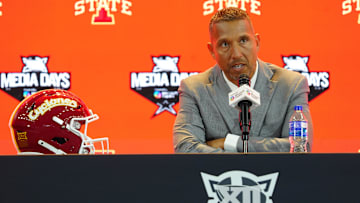 Jul 8, 2025; Frisco, TX, USA; Iowa State head coach Matt Campbell addresses the media during 2025 Big 12 Football Media Days at The Star. Mandatory Credit: Raymond Carlin III-Imagn Images
