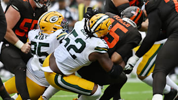 Sep 21, 2025; Cleveland, Ohio, USA; Green Bay Packers defensive end Rashan Gary (52) sacks Cleveland Browns quarterback Joe Flacco (15) during the second half at Huntington Bank Field. Mandatory Credit: Ken Blaze-Imagn Images