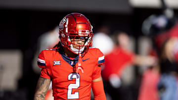 Nov 30, 2024; Tucson, Arizona, USA; Arizona Wildcats wide receiver Jeremiah Patterson (2) against the Arizona State Sun Devils during the Territorial Cup at Arizona Stadium. Mandatory Credit: Mark J. Rebilas-Imagn Images