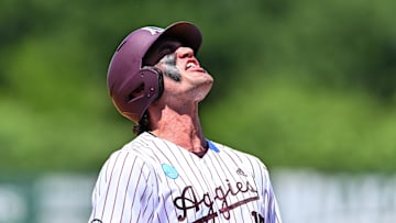 Jun 8, 2024; College Station, TX, USA; Texas A&M outfielder Jace LaViolette (17) reacts after hitting a triple during the fourth inning against the Oregon at Olsen Field, Blue Bell Park Mandatory Credit: Maria Lysaker-Imagn Images