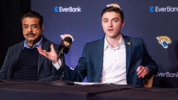 The Jacksonville Jaguars introduced General Manager James Gladstone, right, as he answered questions during a press conference Monday morning February 24, 2025 at the Miller Electric Center in Jacksonville, Fla.¡