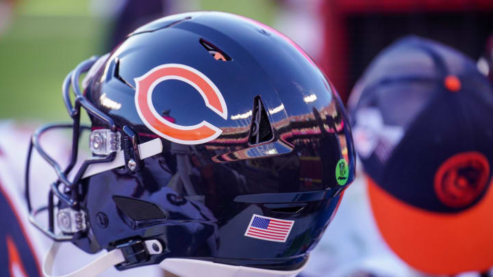 Sep 24, 2023; Kansas City, Missouri, USA; A general view of a Chicago Bears helmet and ball cap against the Kansas City Chiefs during the second half at GEHA Field at Arrowhead Stadium.