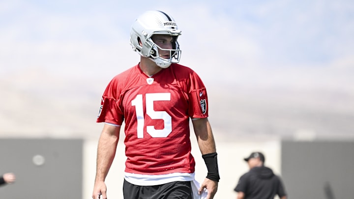 May 2, 2026; Henderson, NV, USA;  Las Vegas Raiders quarterback Fernando Mendoza (15) runs through a drill during a Rookie Minicamp at Intermountain Health Performance Center. Mandatory Credit: Candice Ward-Imagn Images