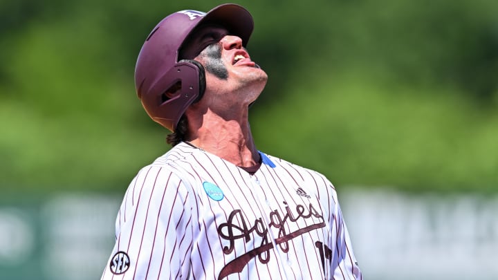 Jun 8, 2024; College Station, TX, USA; Texas A&M outfielder Jace LaViolette (17) reacts after hitting a triple during the fourth inning against Oregon at Olsen Field, Blue Bell Park.