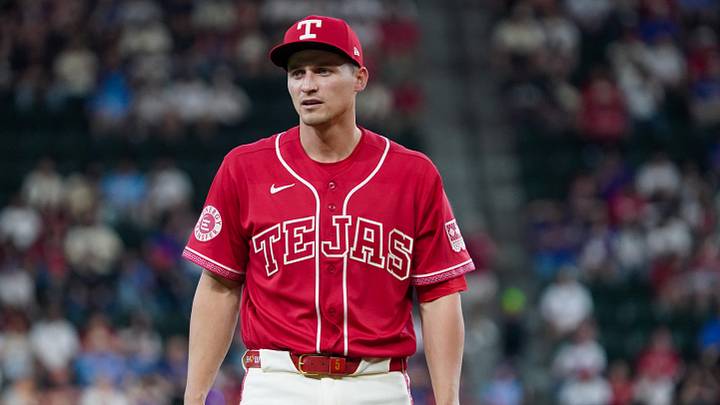 Apr 24, 2026; Arlington, Texas, USA;  Texas shortstop Corey Seager (5) wearing the Rangers’ new City Connect 2.0, which celebrates the Mexican influences across the entire state of Texas during a game against the Athletics at Globe Life Field. Mandatory Credit: Raymond Carlin III-Imagn Images